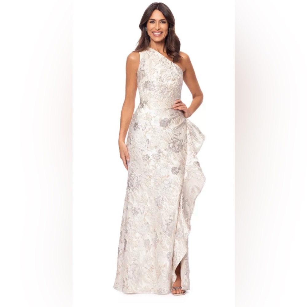Xscape One Shoulder Floral Dress in Cream and Silver